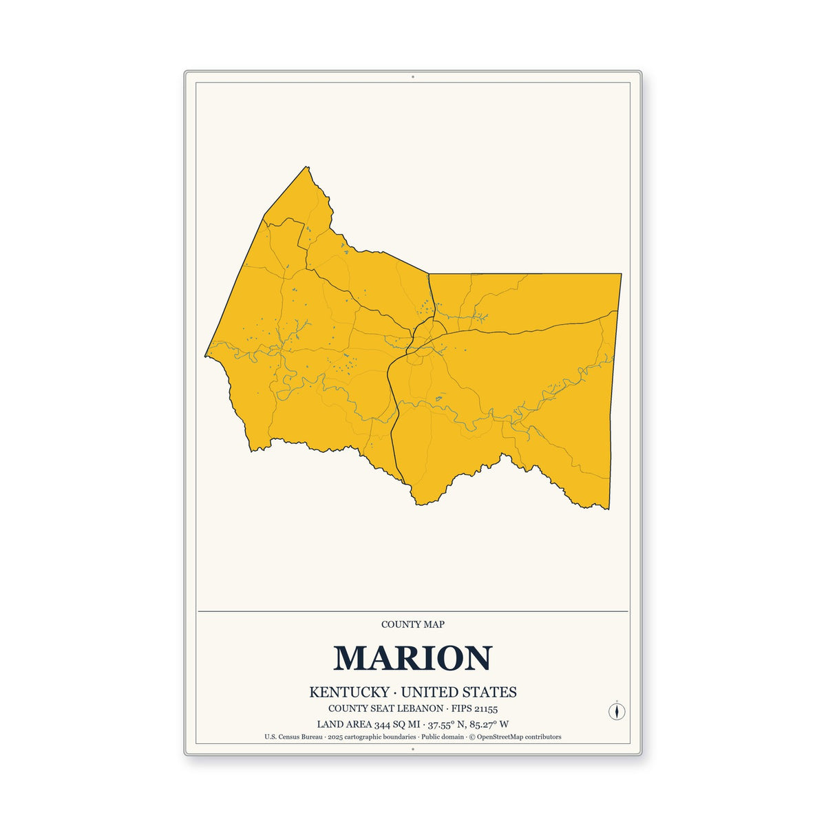 Marion County, Kentucky Map Aluminum Sign in Citrine Modern style