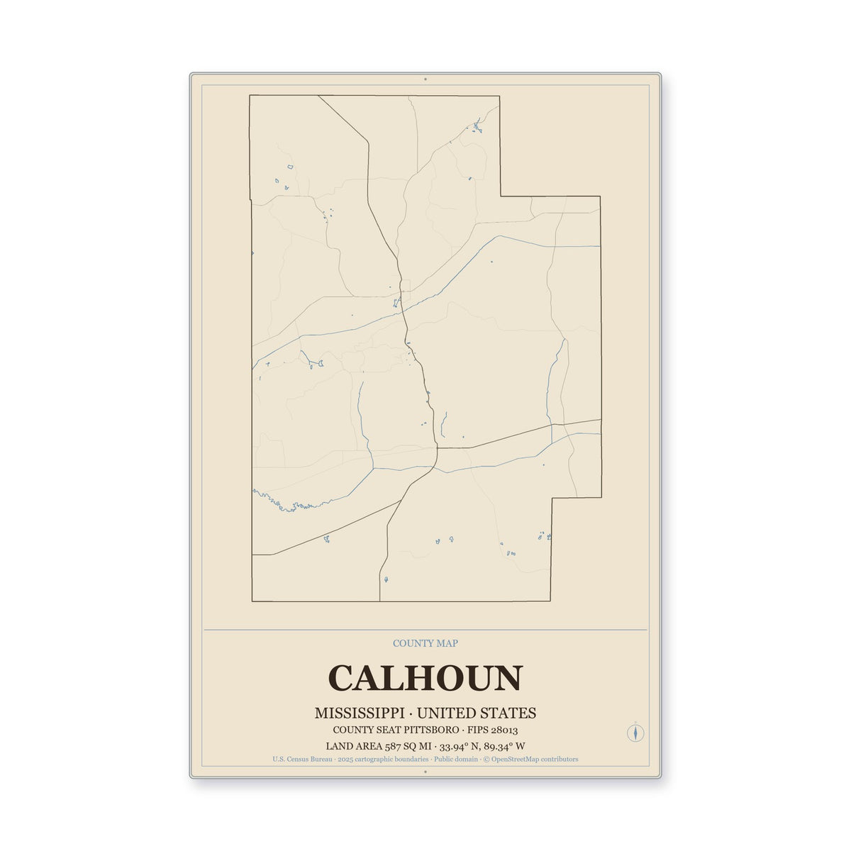 Calhoun County, Mississippi Map Aluminum Sign in Heritage Nautical style