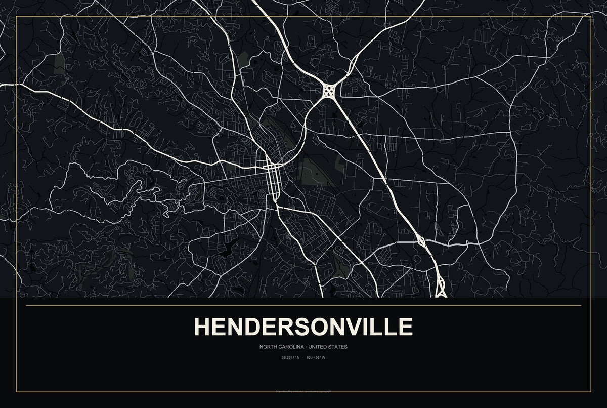 Hendersonville, North Carolina City Map Aluminum Sign in Metropolitan Noir style