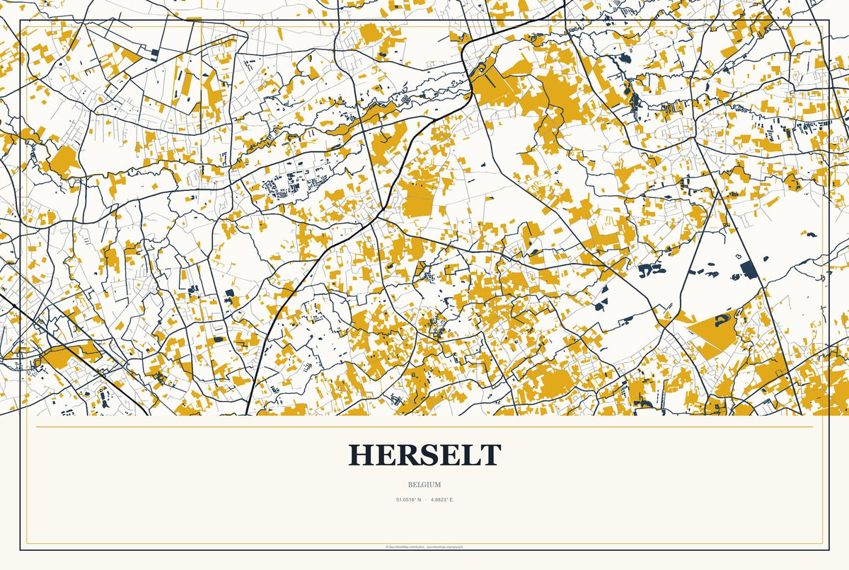 Herselt, Belgium City Map Aluminum Sign in Citrine Modern style