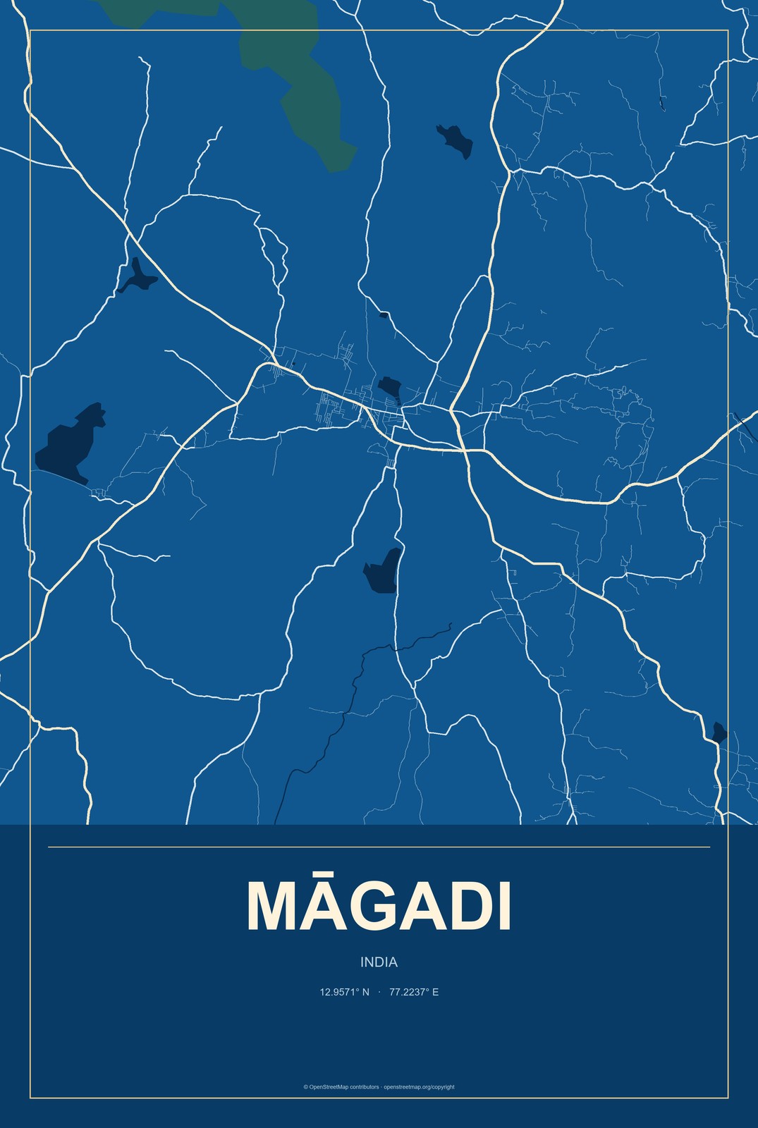 Māgadi, India City Map Aluminum Sign in Harbor Cobalt style