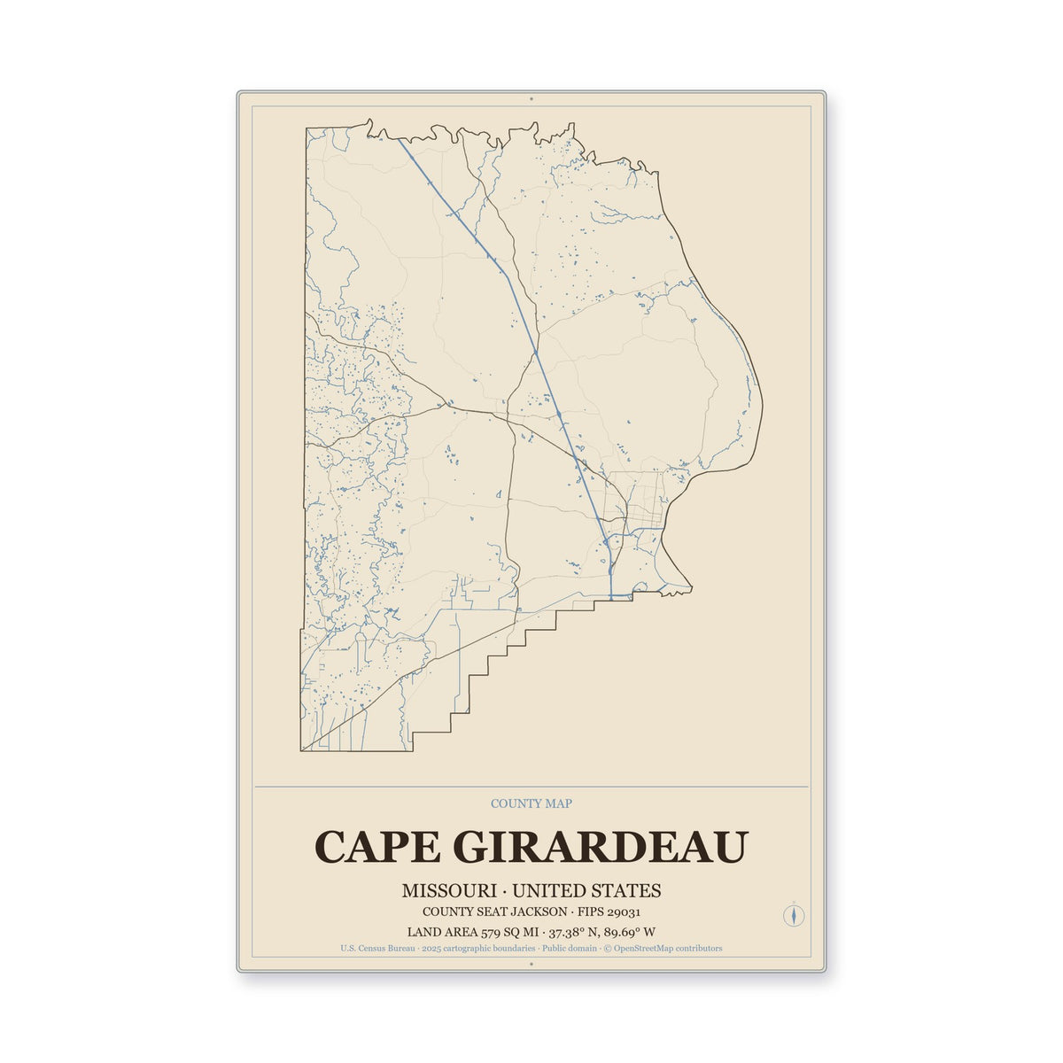 Cape Girardeau County, Missouri Map Aluminum Sign in Heritage Nautical style