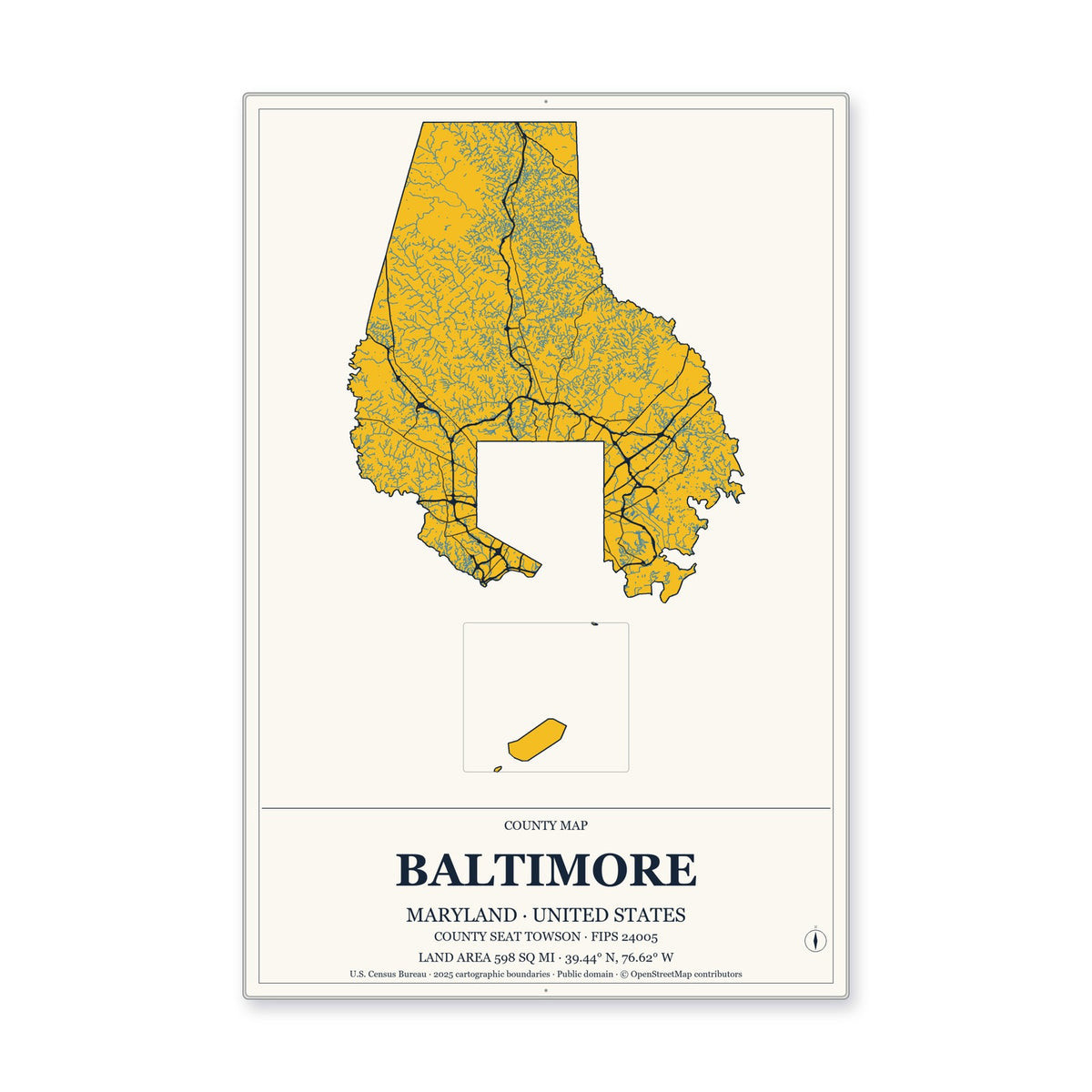 Baltimore County, Maryland Map Aluminum Sign in Citrine Modern style