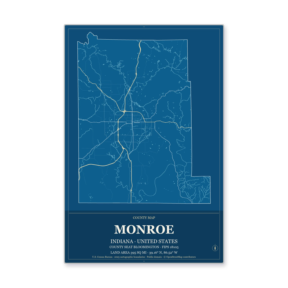 Monroe County, Indiana Map Aluminum Sign in Harbor Cobalt style