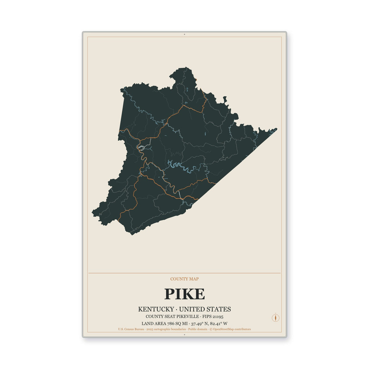 Pike County, Kentucky Map Aluminum Sign in Headline Atlas style