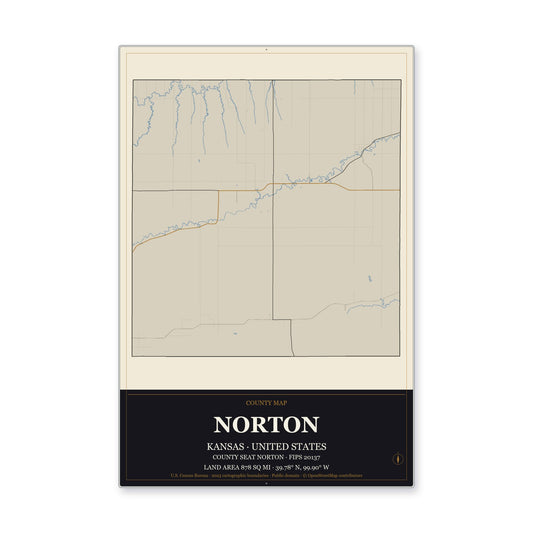 Norton County, Kansas Map Aluminum Sign in Museum Plaque style