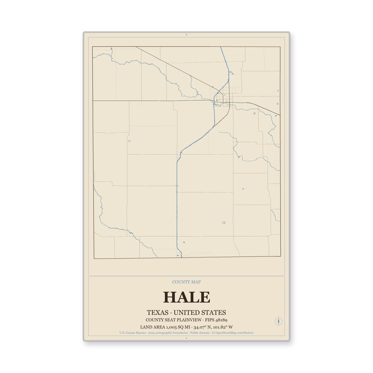 Hale County, Texas Map Aluminum Sign in Heritage Nautical style
