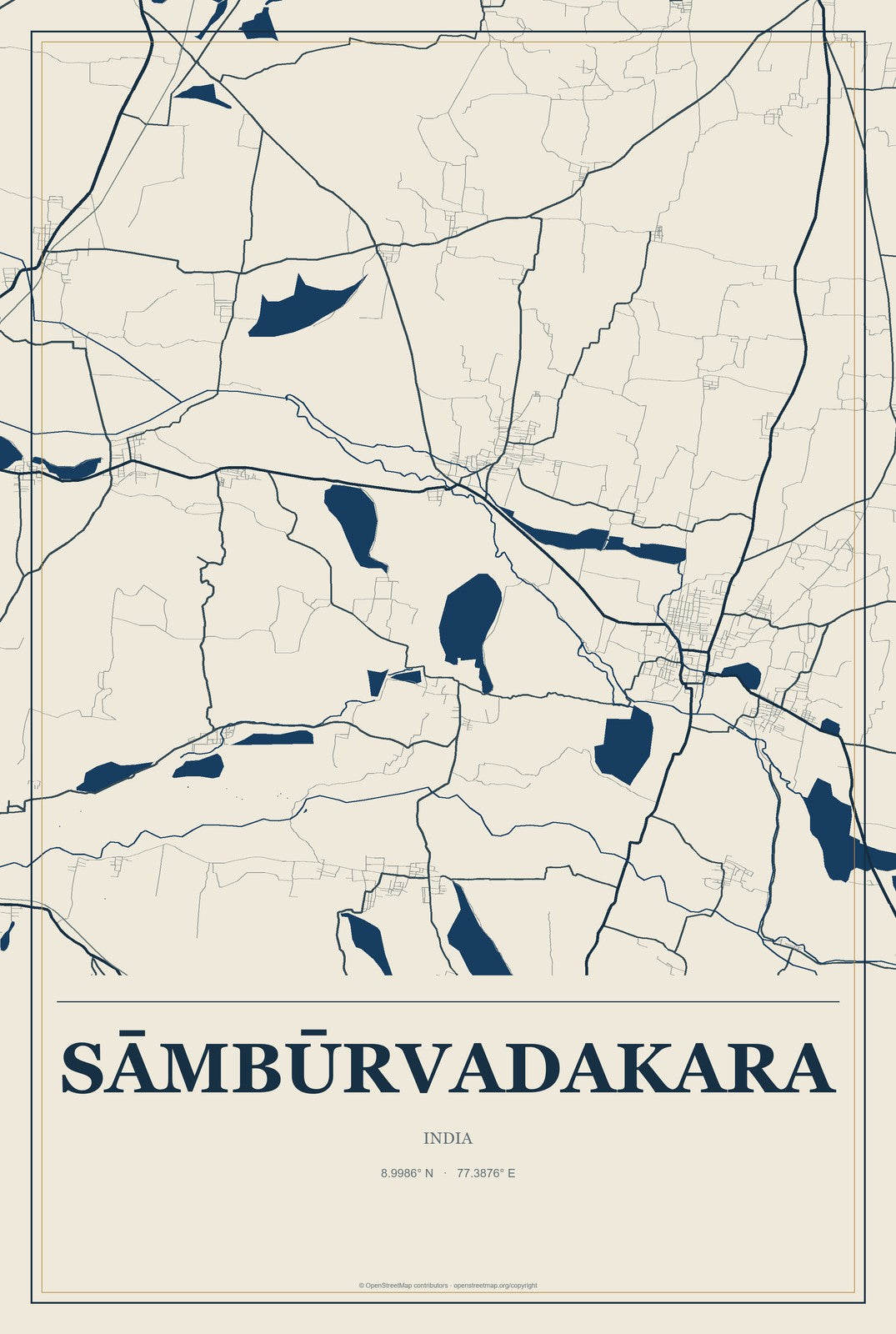 Sāmbūrvadakara, India City Map Aluminum Sign in Coastal Cutout style