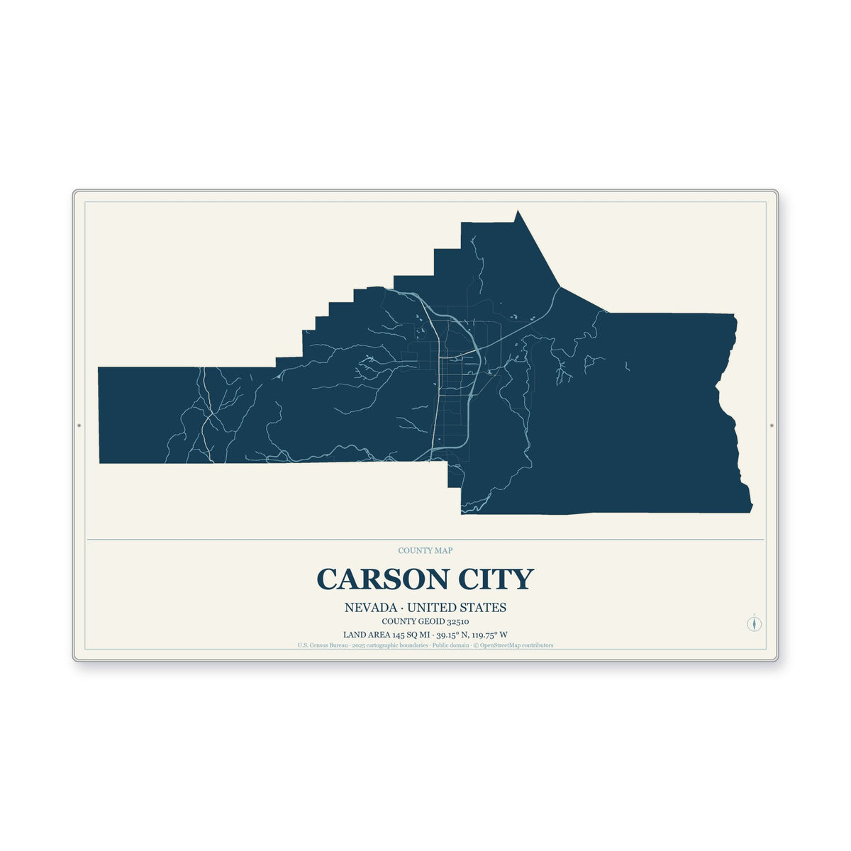 Carson City, Nevada Map Aluminum Sign in Coastal Cutout style