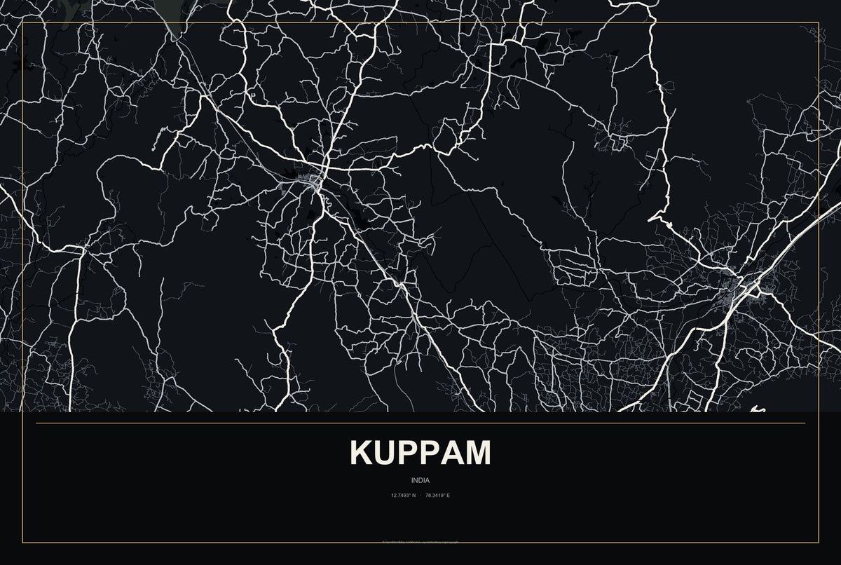 Kuppam, India City Map Aluminum Sign in Metropolitan Noir style
