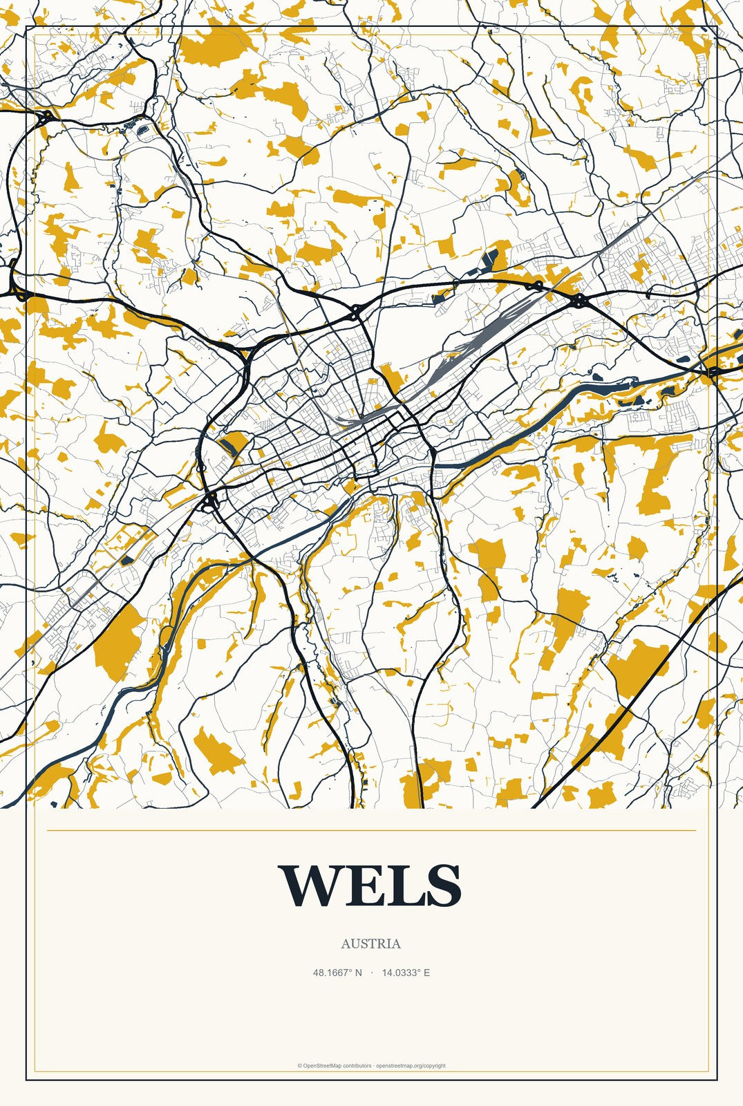 Wels, Austria City Map Aluminum Sign in Citrine Modern style