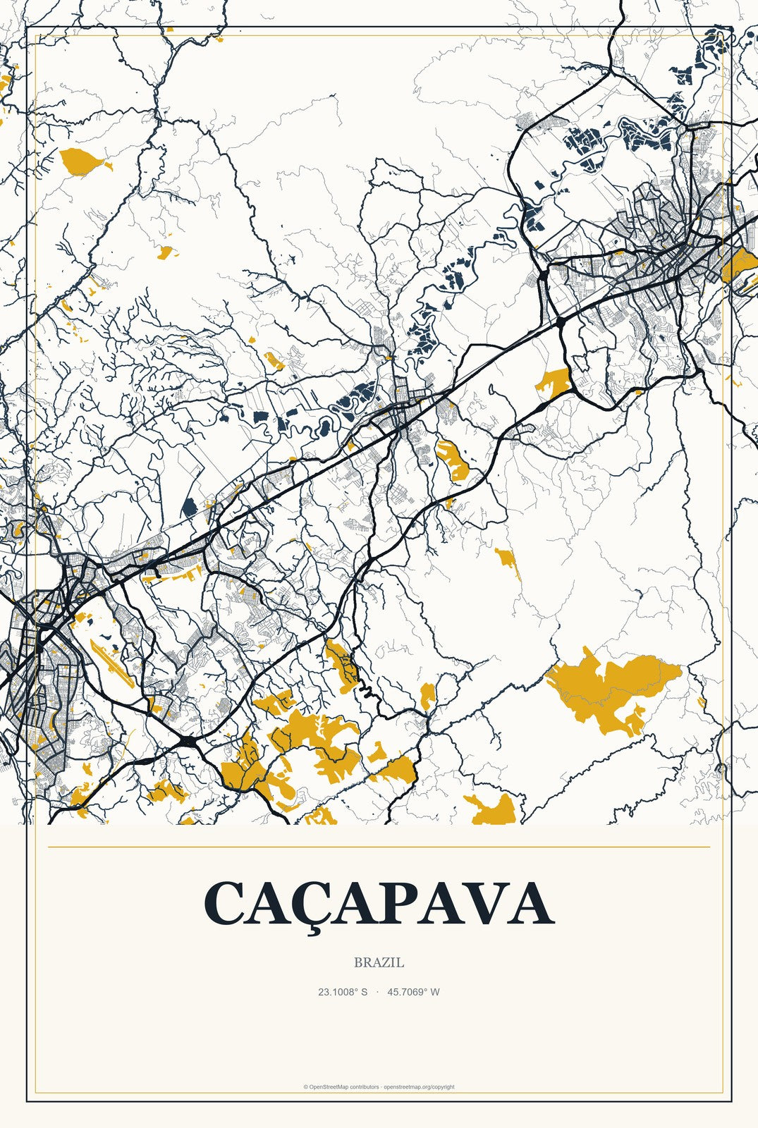 Caçapava, Brazil City Map Aluminum Sign in Citrine Modern style