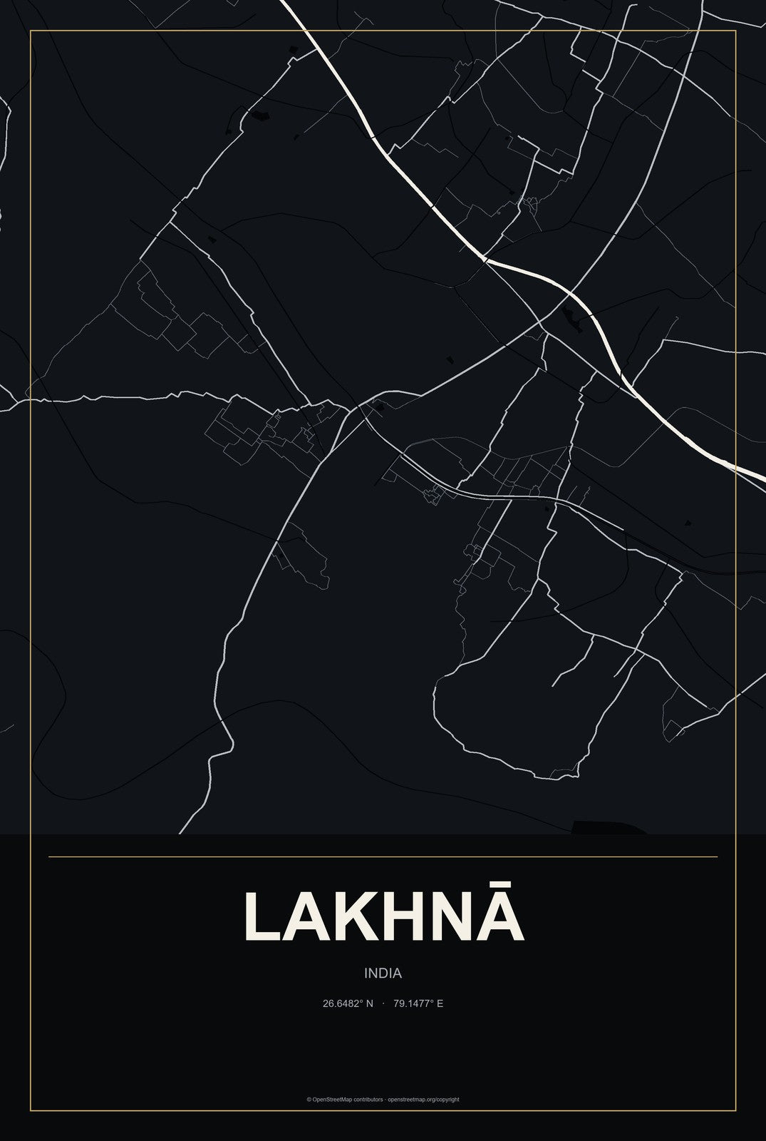 Lakhnā, India City Map Aluminum Sign in Metropolitan Noir style
