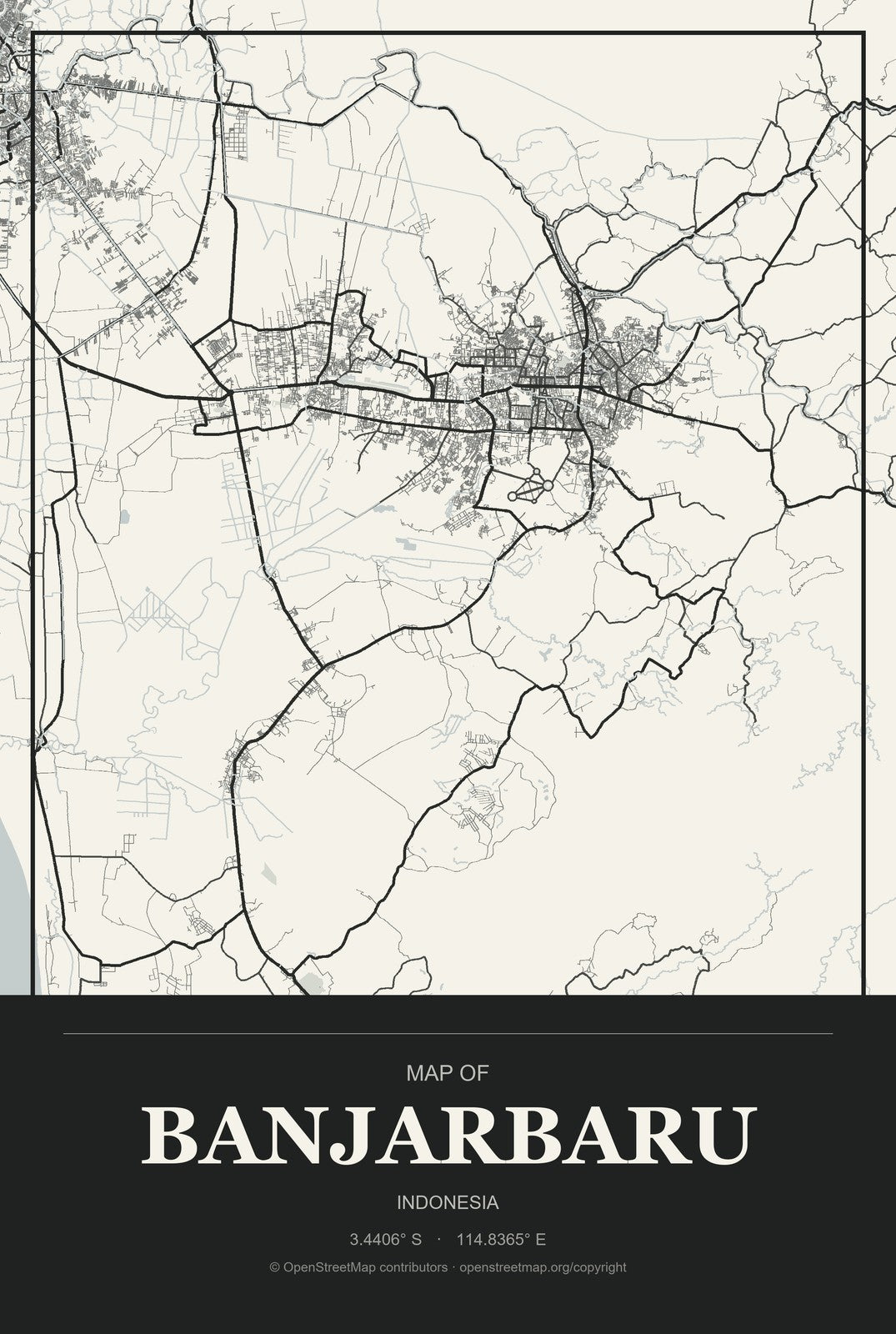 Banjarbaru, Indonesia City Map Aluminum Sign in Museum Plaque style