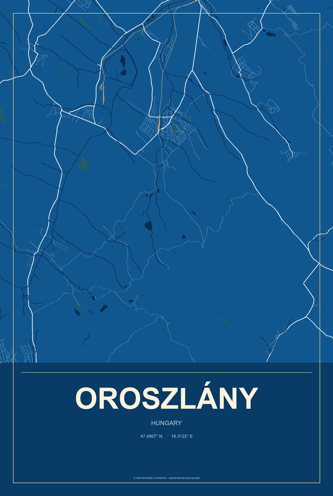 Oroszlány, Hungary City Map Aluminum Sign in Harbor Cobalt style