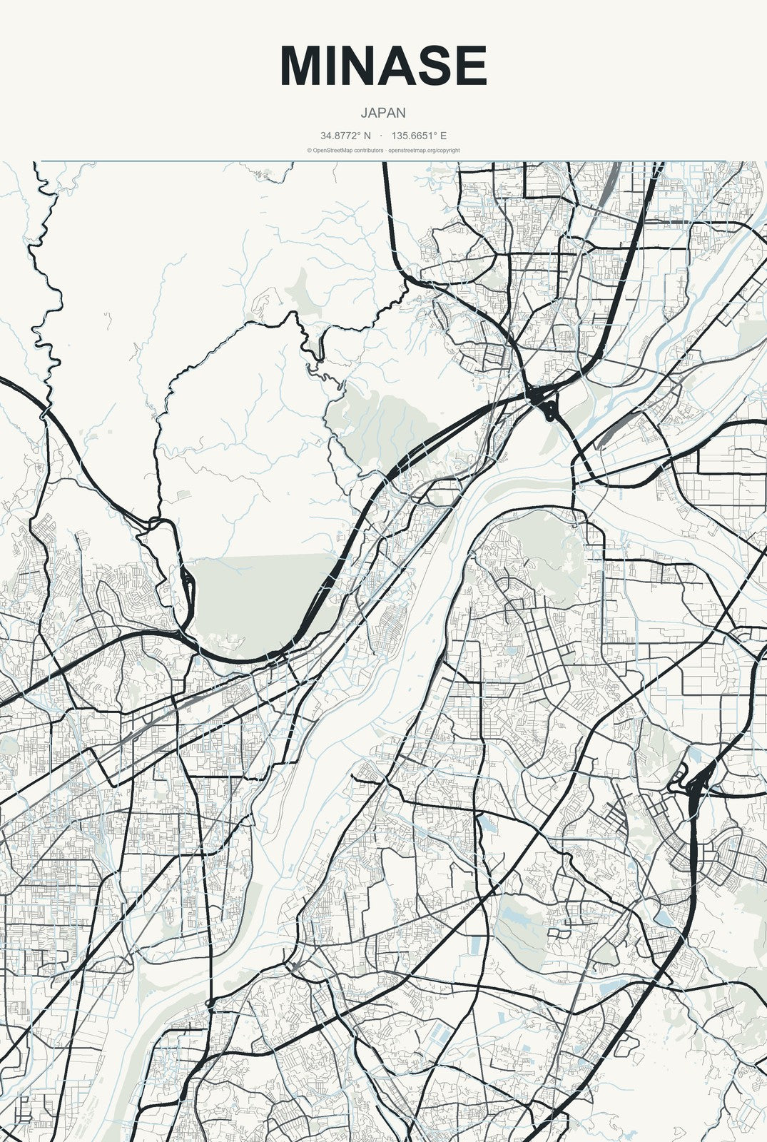 Minase, Japan City Map Aluminum Sign in Headline Atlas style