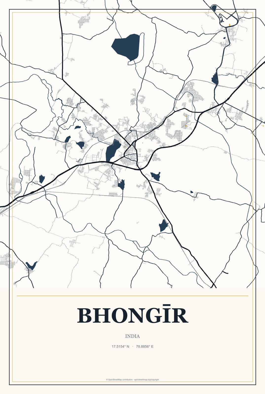 Bhongīr, India City Map Aluminum Sign in Citrine Modern style