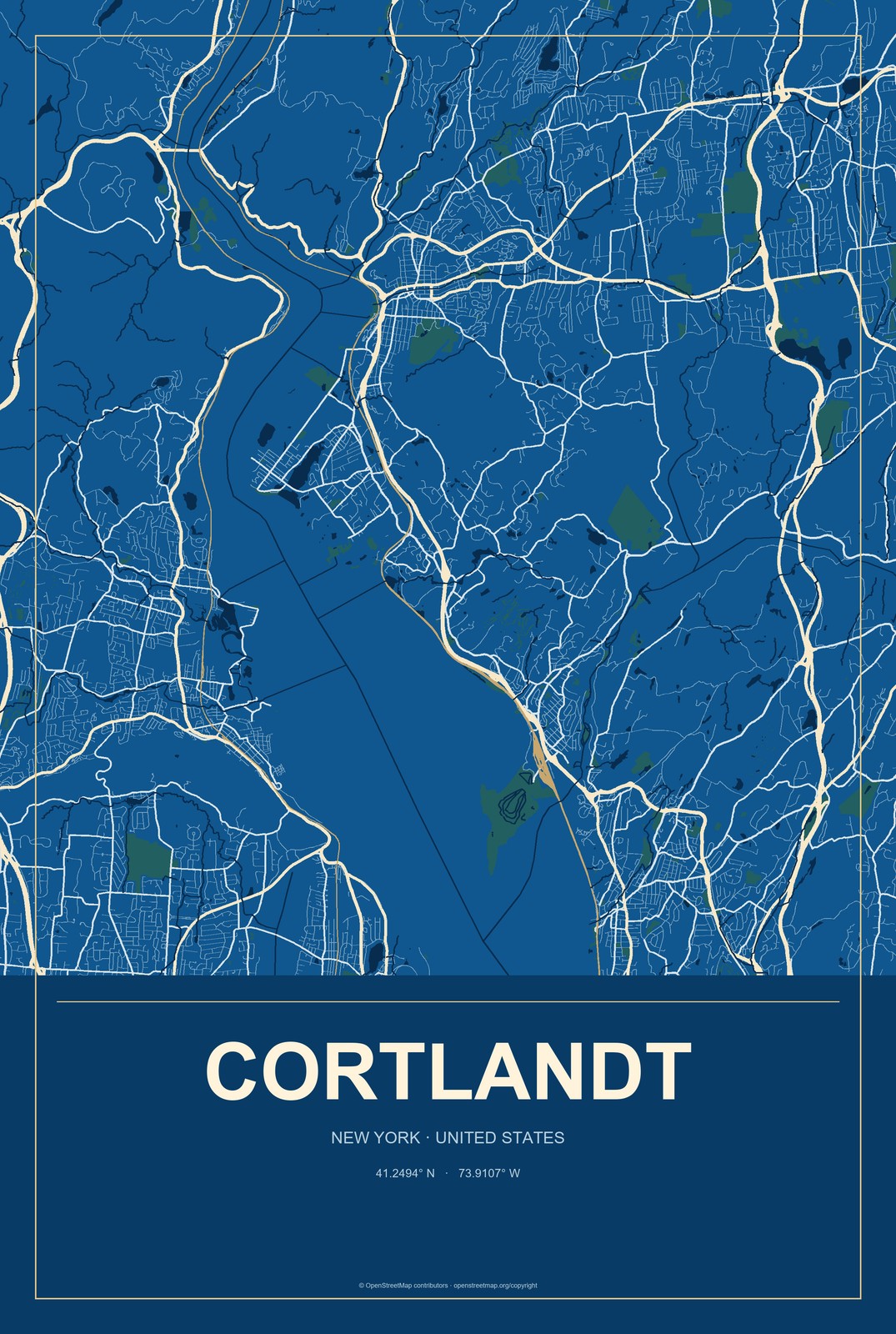 Cortlandt, New York City Map Aluminum Sign in Harbor Cobalt style