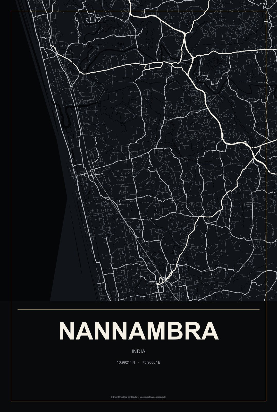 Nannambra, India City Map Aluminum Sign in Metropolitan Noir style