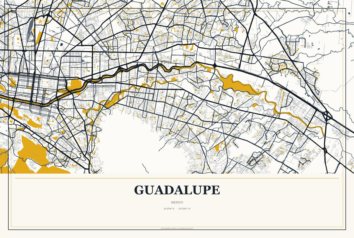 Guadalupe, Zacatecas, Mexico City Map Aluminum Sign in Citrine Modern style