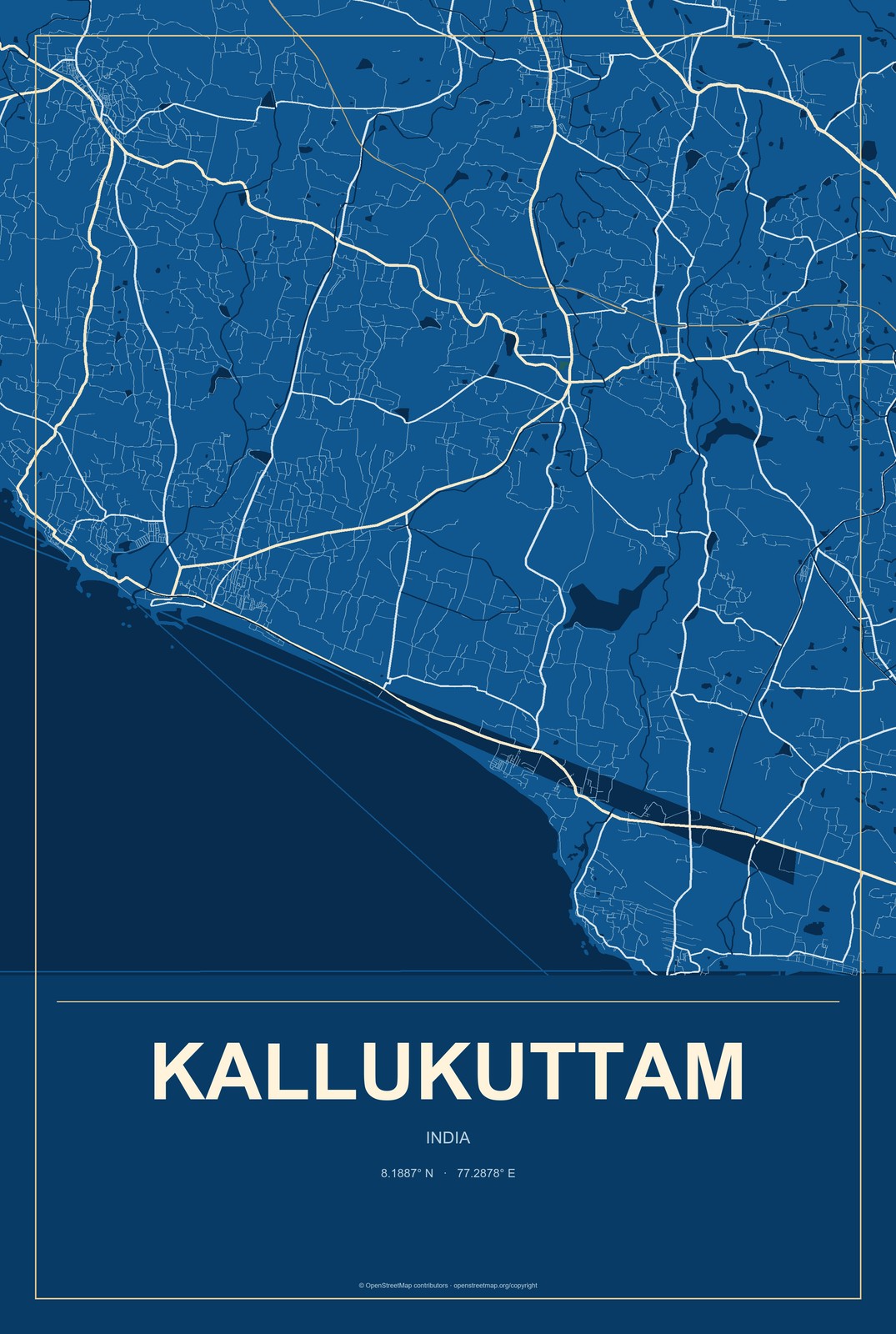 Kallukuttam, India City Map Aluminum Sign in Harbor Cobalt style