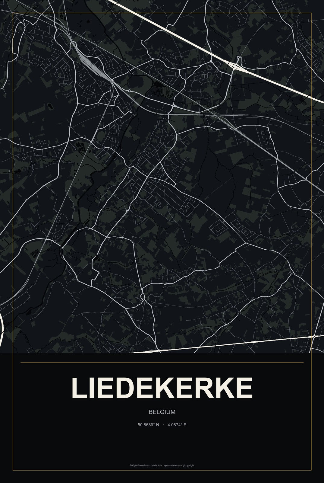 Liedekerke, Belgium City Map Aluminum Sign in Metropolitan Noir style