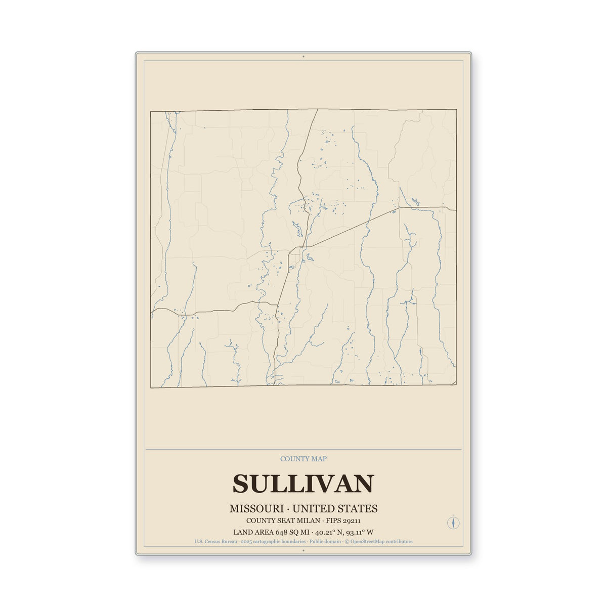 Sullivan County, Missouri Map Aluminum Sign in Heritage Nautical style