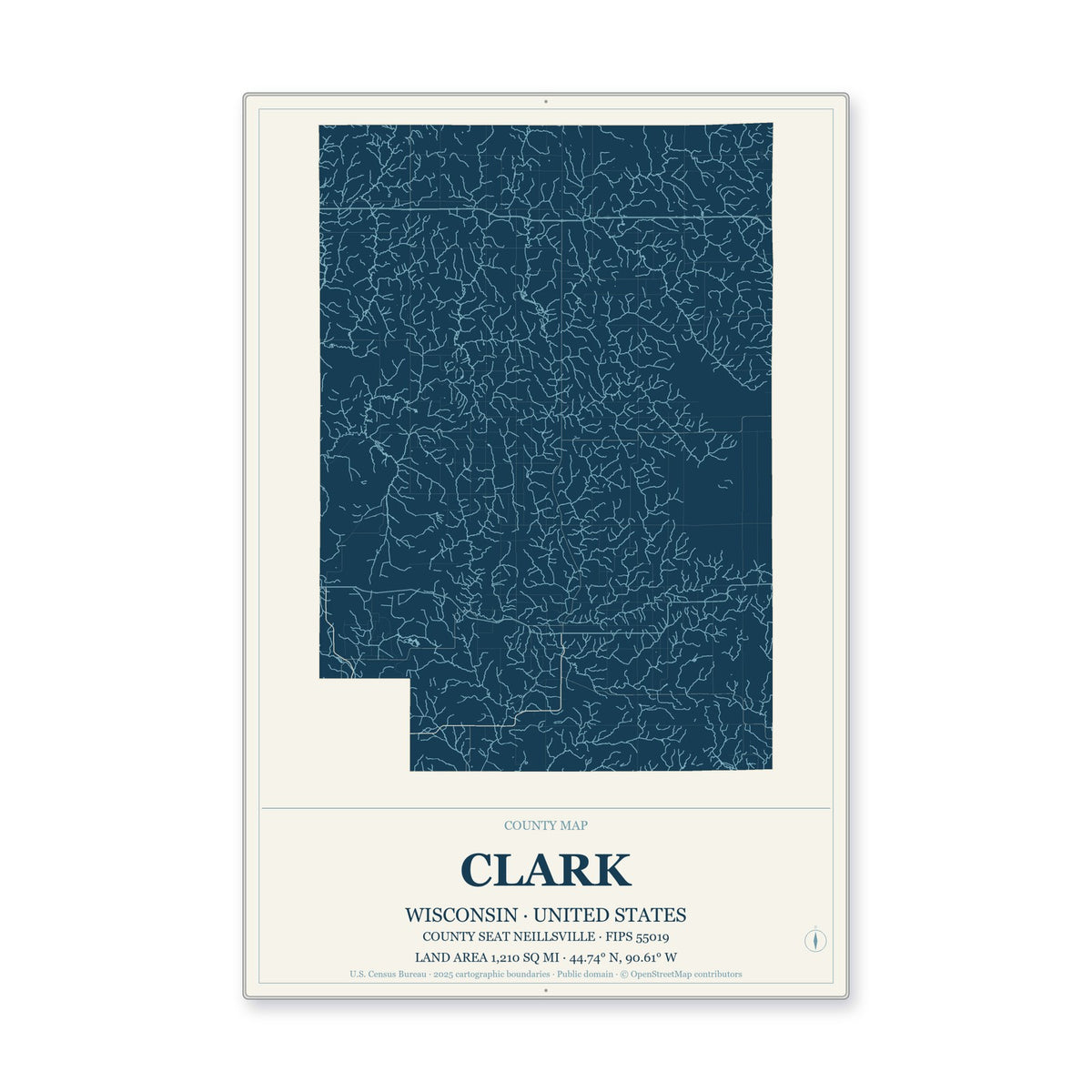 Clark County, Wisconsin Map Aluminum Sign in Coastal Cutout style