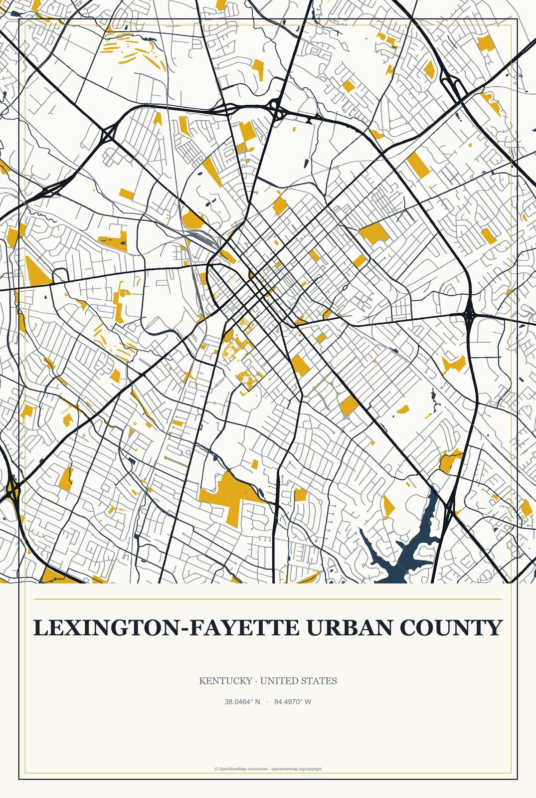 Lexington-Fayette urban county, Kentucky City Map Aluminum Sign in Citrine Modern style