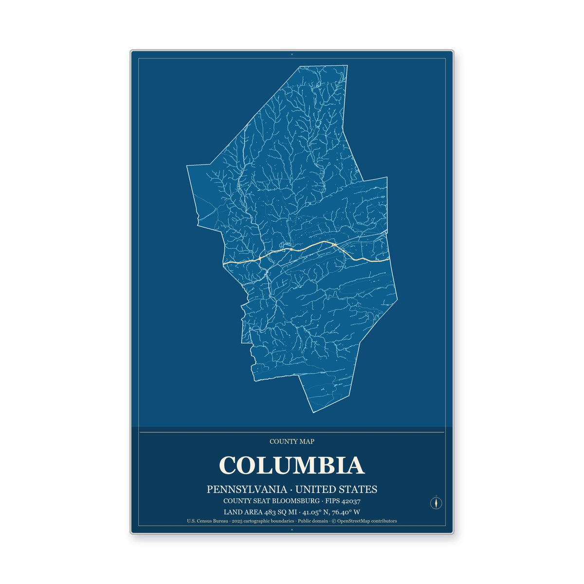 Columbia County, Pennsylvania Map Aluminum Sign in Harbor Cobalt style
