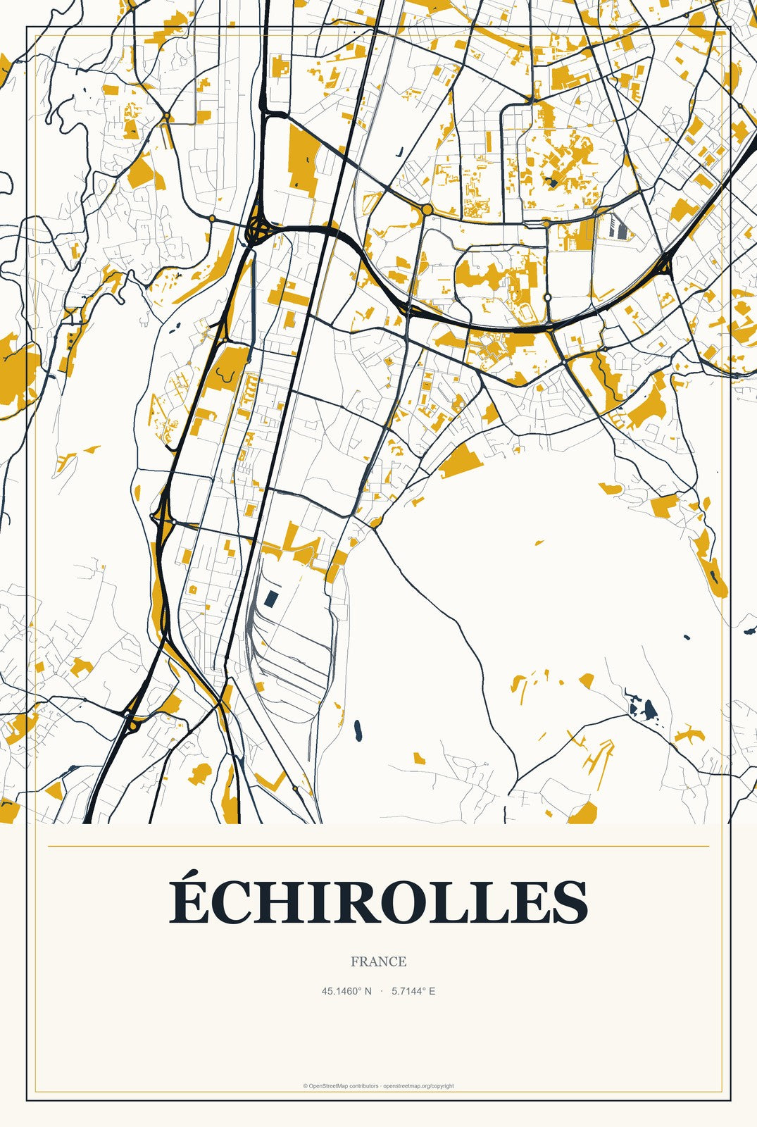 Échirolles, France City Map Aluminum Sign in Citrine Modern style