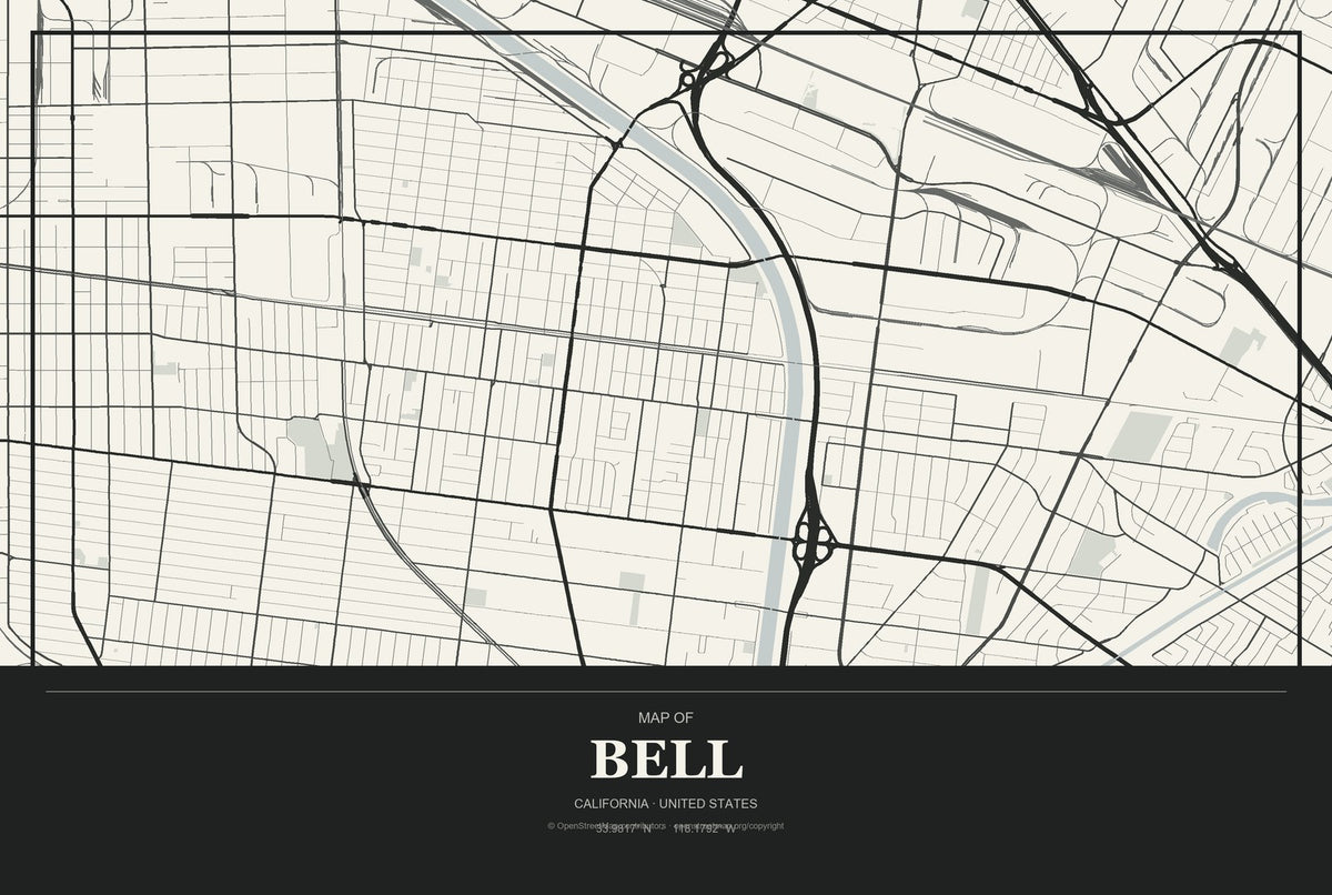 Bell, California City Map Aluminum Sign in Museum Plaque style