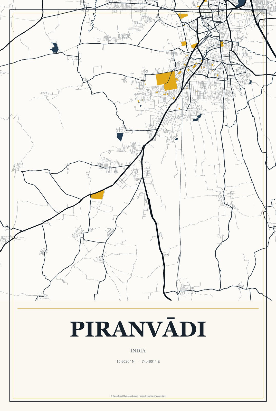Piranvādi, India City Map Aluminum Sign in Citrine Modern style