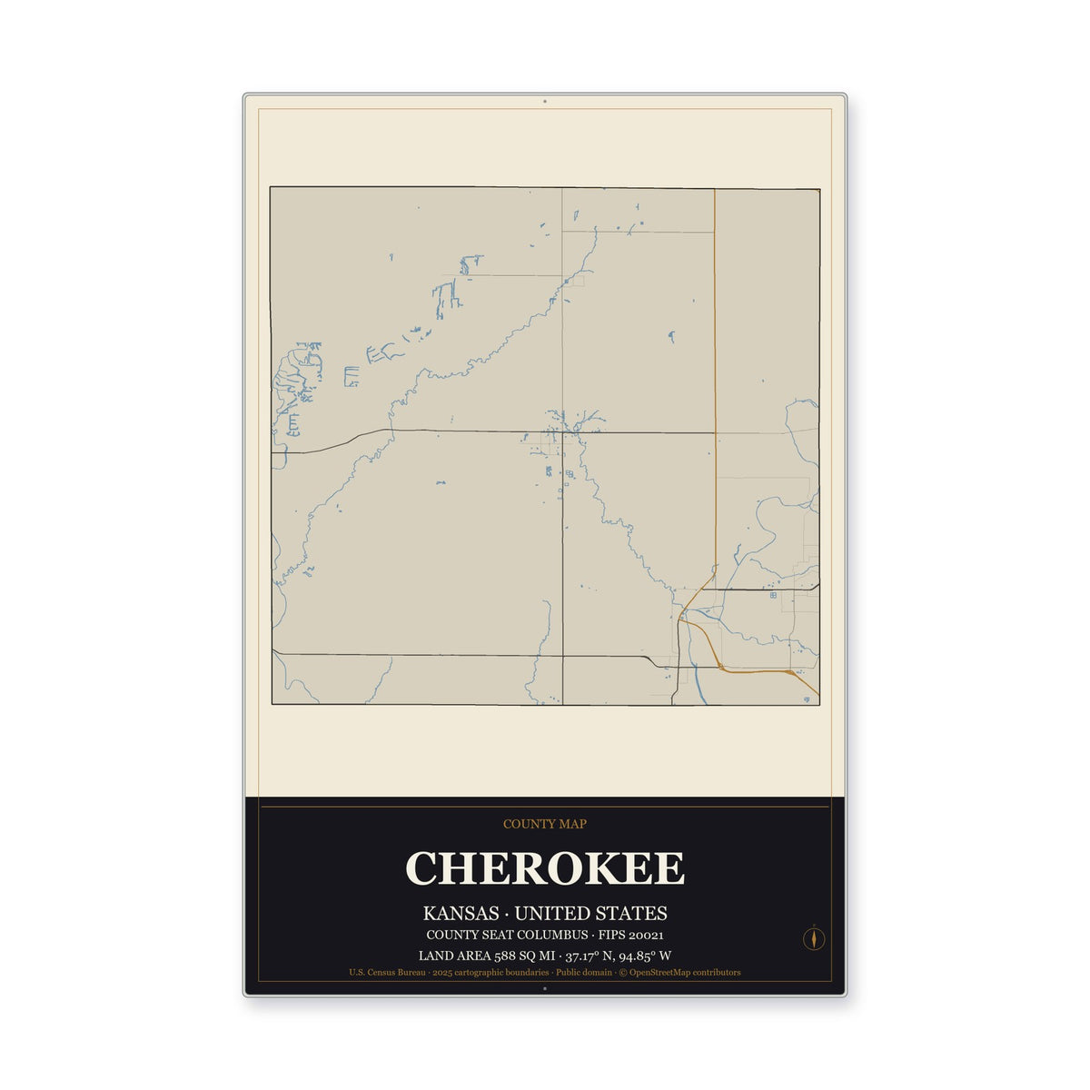 Cherokee County, Kansas Map Aluminum Sign in Museum Plaque style