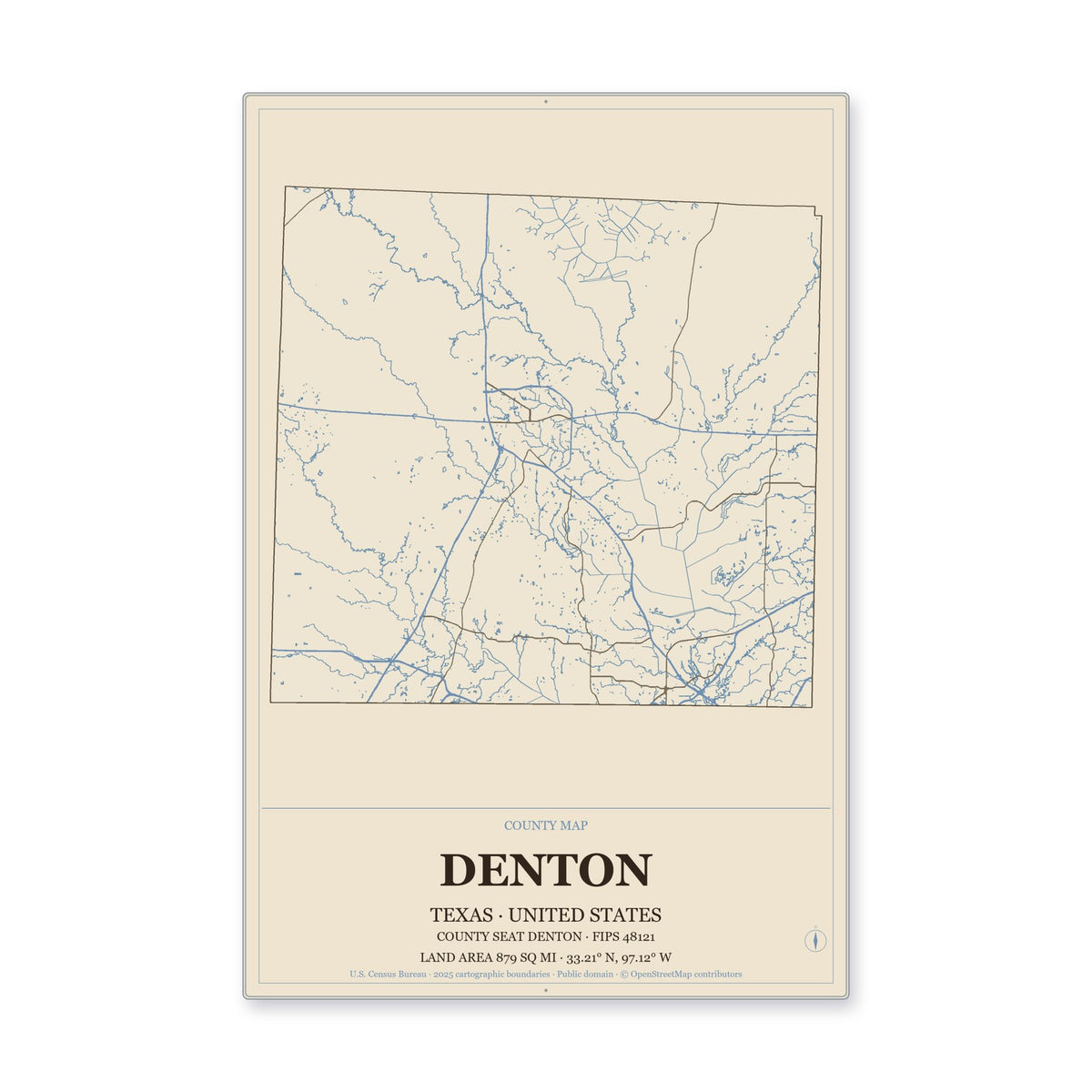 Denton County, Texas Map Aluminum Sign in Heritage Nautical style