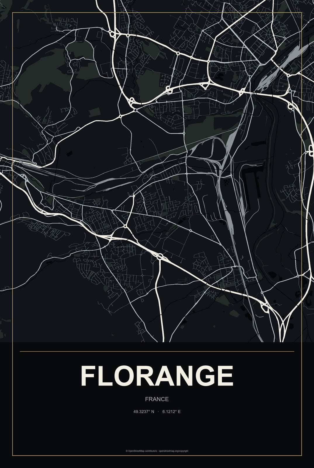 Florange, France City Map Aluminum Sign in Metropolitan Noir style
