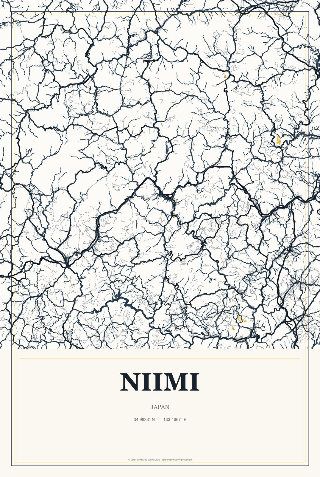 Niimi, Japan City Map Aluminum Sign in Citrine Modern style
