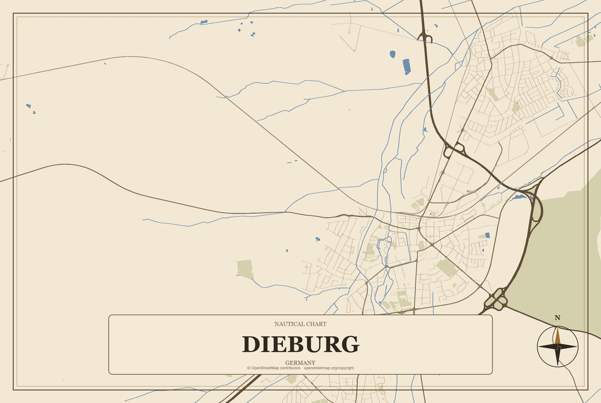 Dieburg, Germany City Map Aluminum Sign in Heritage Nautical style
