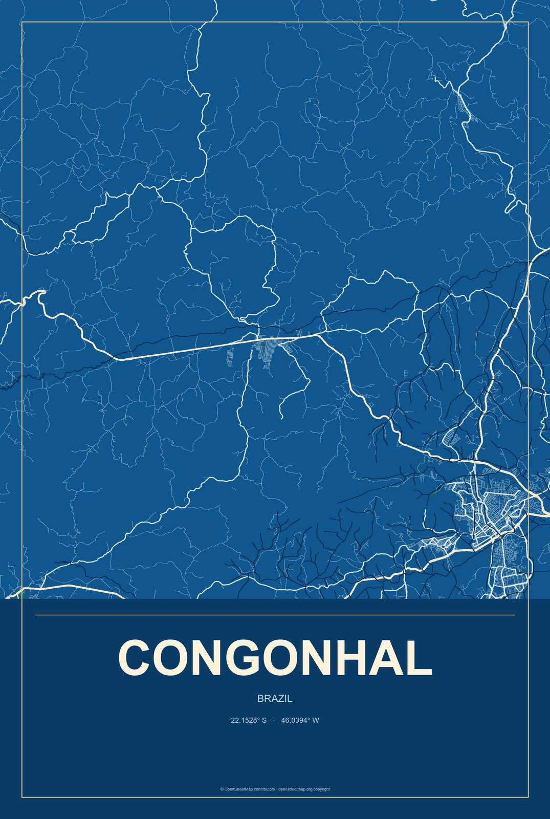 Congonhal, Brazil City Map Aluminum Sign in Harbor Cobalt style