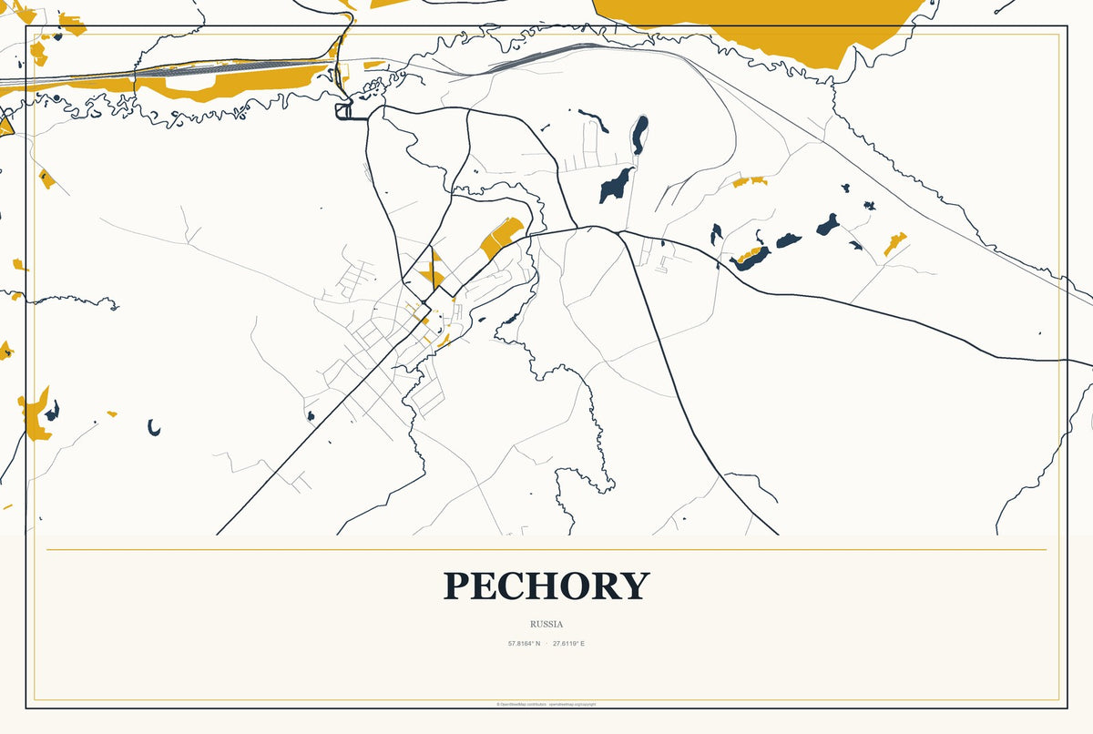Pechory, Russia City Map Aluminum Sign in Citrine Modern style