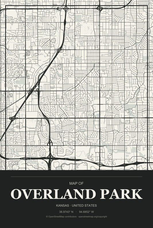 Overland Park, Kansas City Map Aluminum Sign in Museum Plaque style