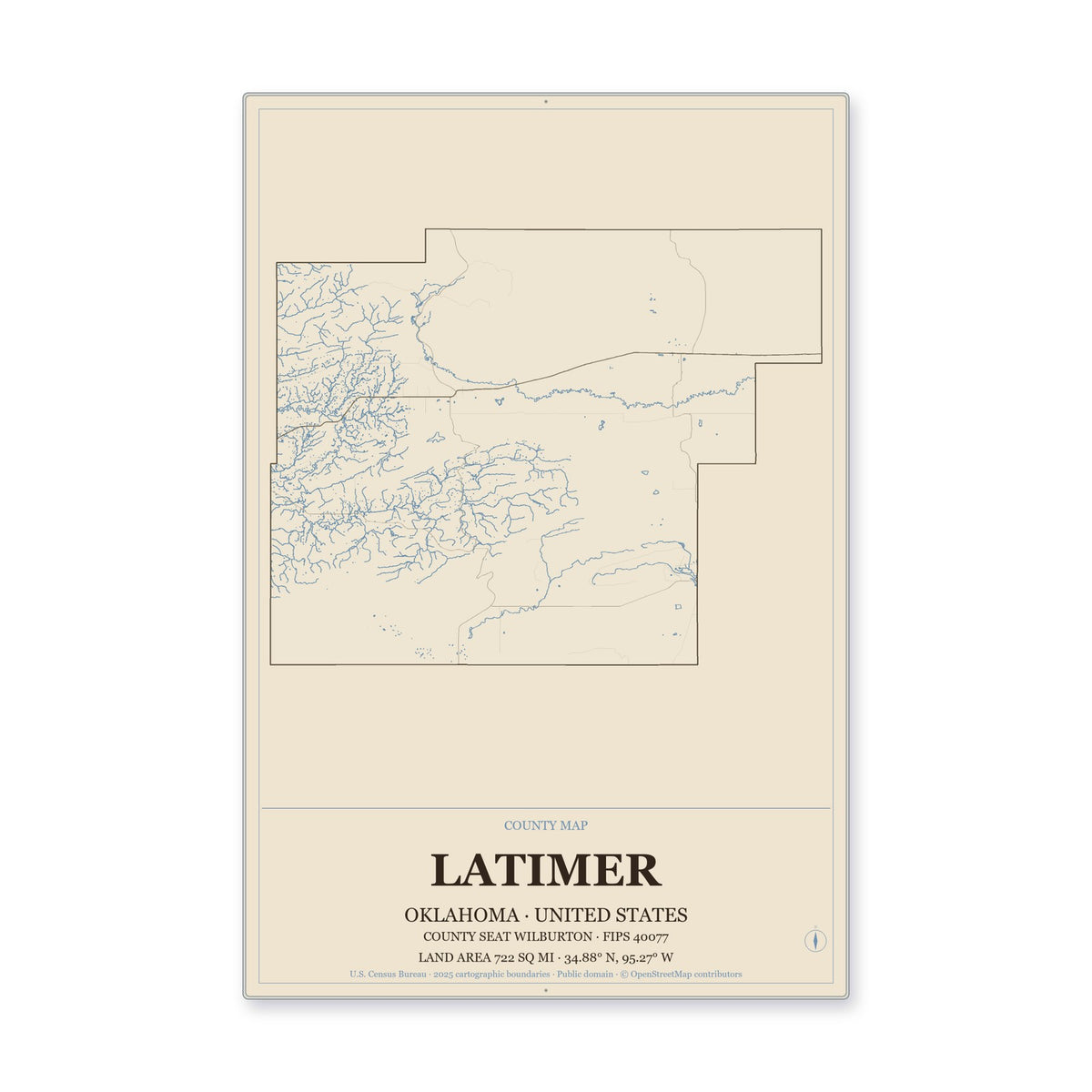 Latimer County, Oklahoma Map Aluminum Sign in Heritage Nautical style