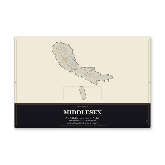Middlesex County, Virginia Map Aluminum Sign in Museum Plaque style