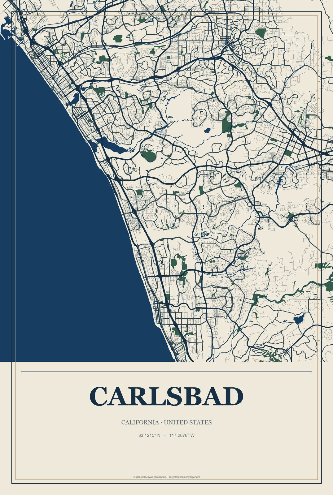 Carlsbad, California City Map Aluminum Sign in Coastal Cutout style