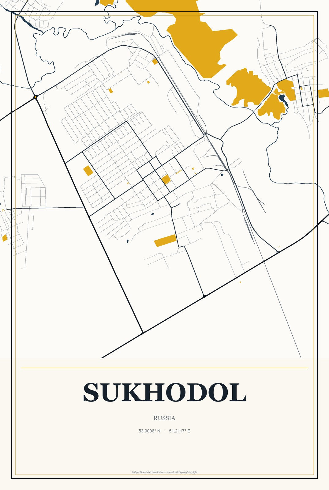 Sukhodol, Russia City Map Aluminum Sign in Citrine Modern style
