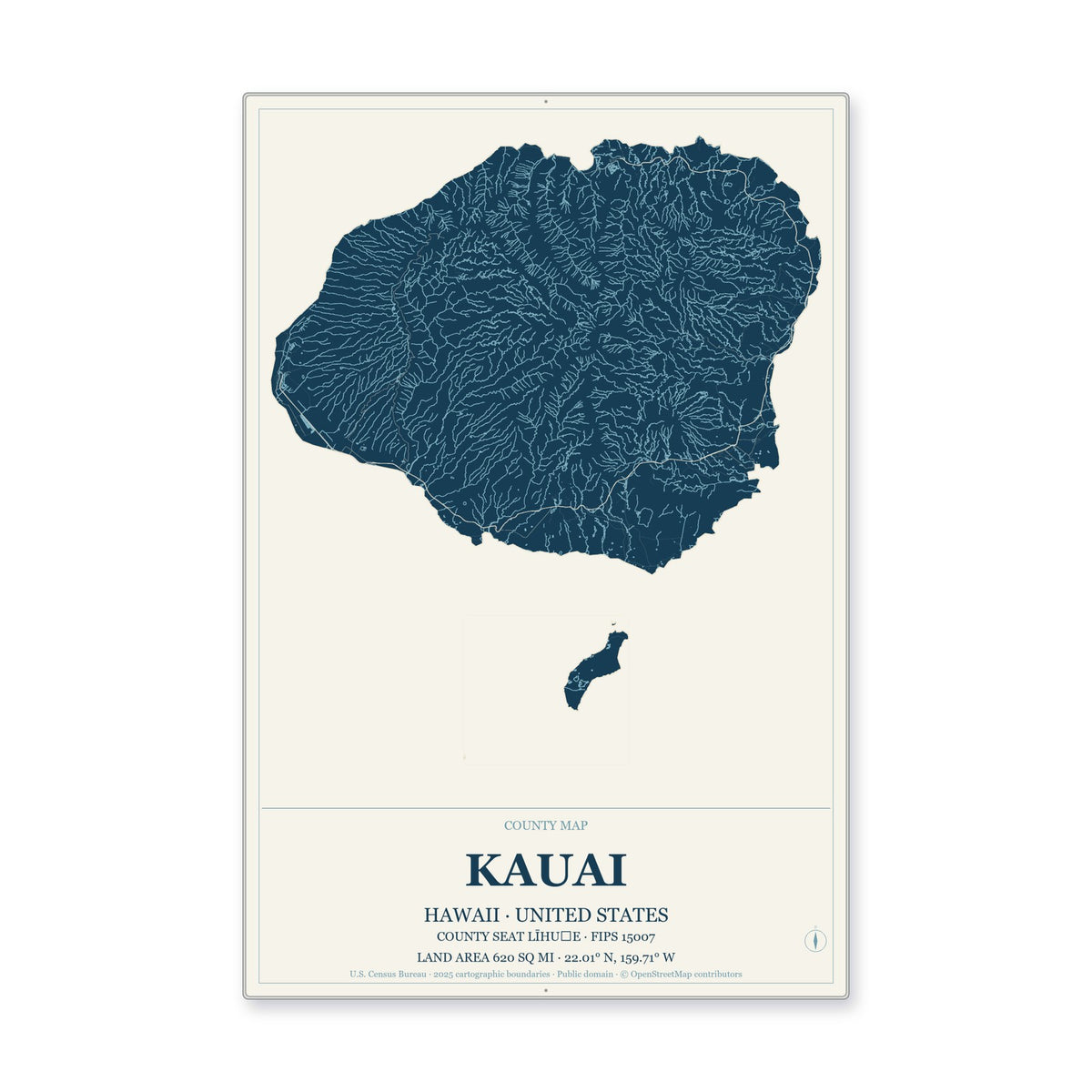 Kauai County, Hawaii Map Aluminum Sign in Coastal Cutout style