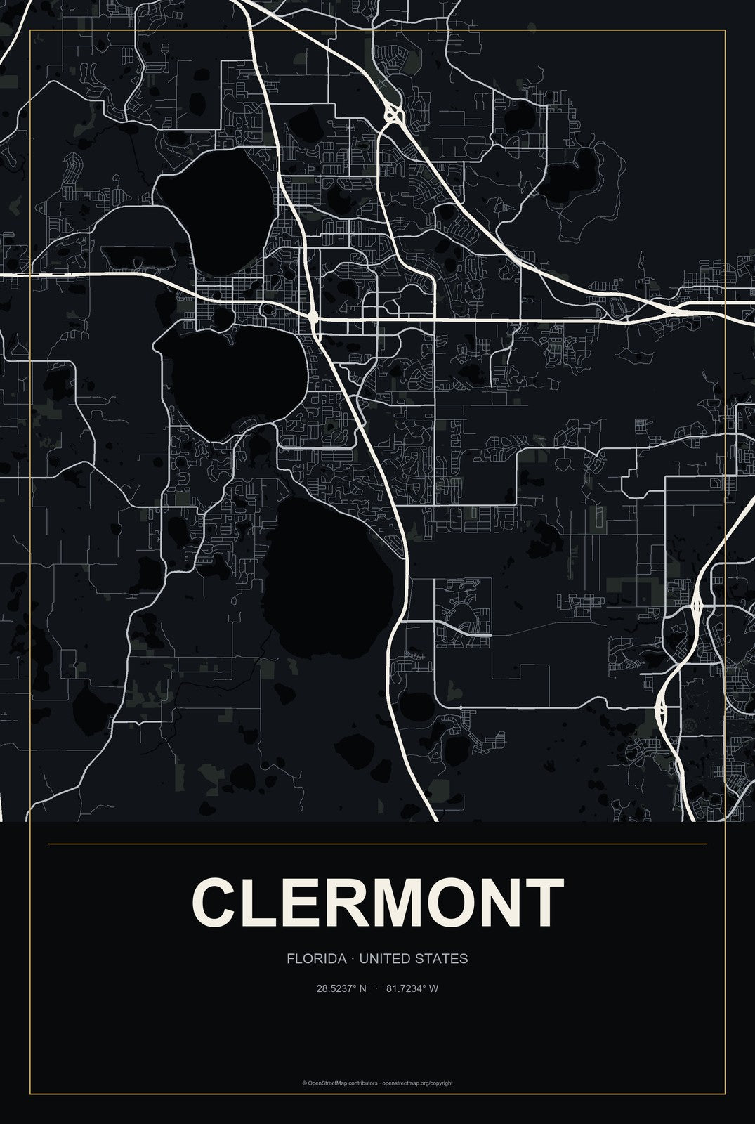 Clermont, Florida City Map Aluminum Sign in Metropolitan Noir style
