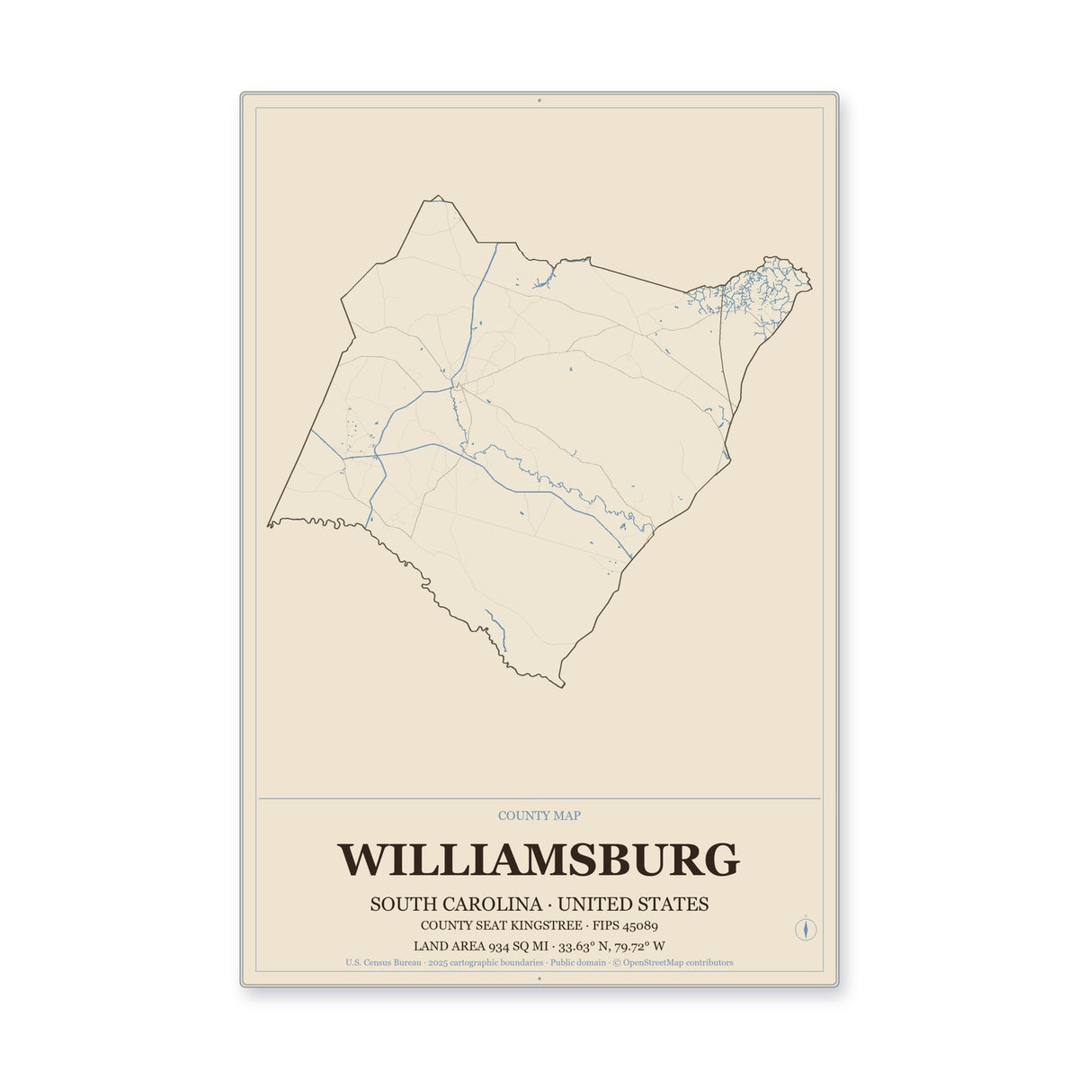 Williamsburg County, South Carolina Map Aluminum Sign in Heritage Nautical style