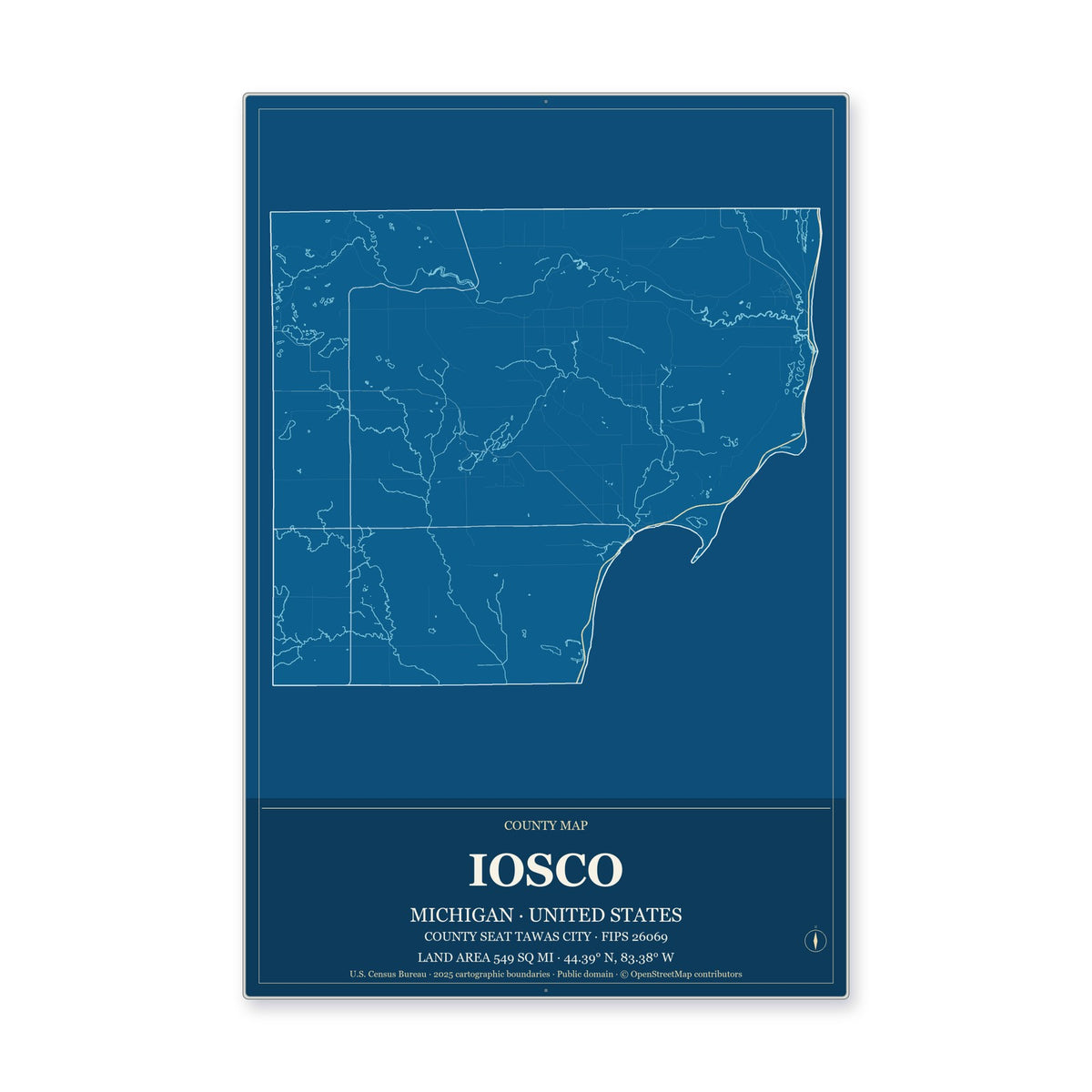 Iosco County, Michigan Map Aluminum Sign in Harbor Cobalt style