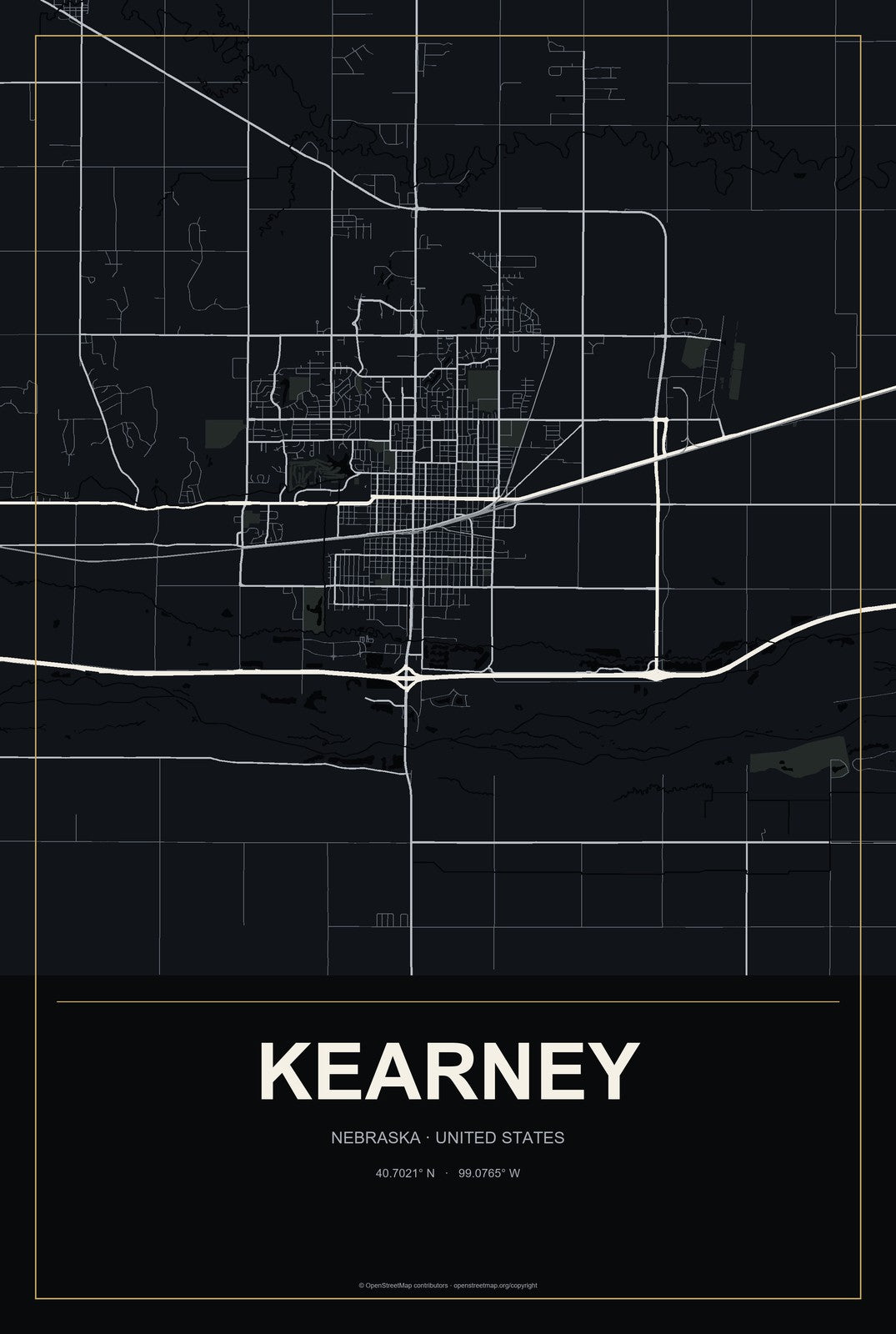 Kearney, Nebraska City Map Aluminum Sign in Metropolitan Noir style